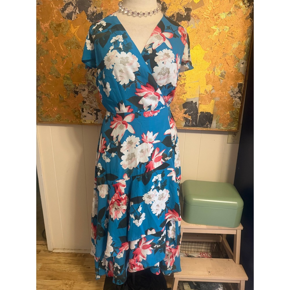 Inc international Concepts Beautiful Blue Floral Wrap Dress W/ Tiered Ruffles 14